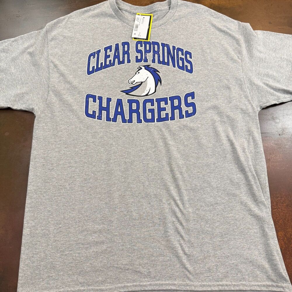 Cedar Springs High Chargers Logo T Shirt NWT Grey With Blue/White School Spirit